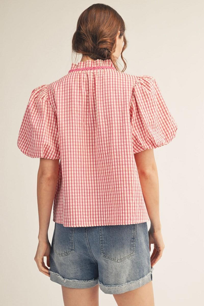 Pleated Ruffle Neckline Gingham Check Top