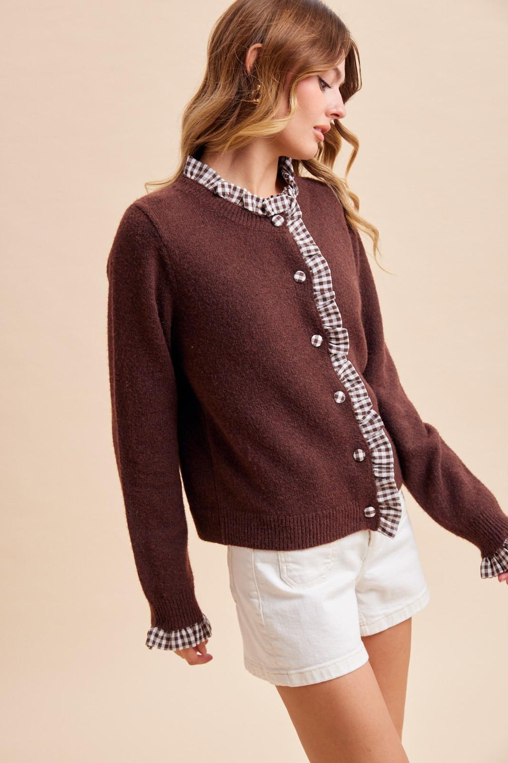 Melange Wool Gingham Ruffle Cardigan