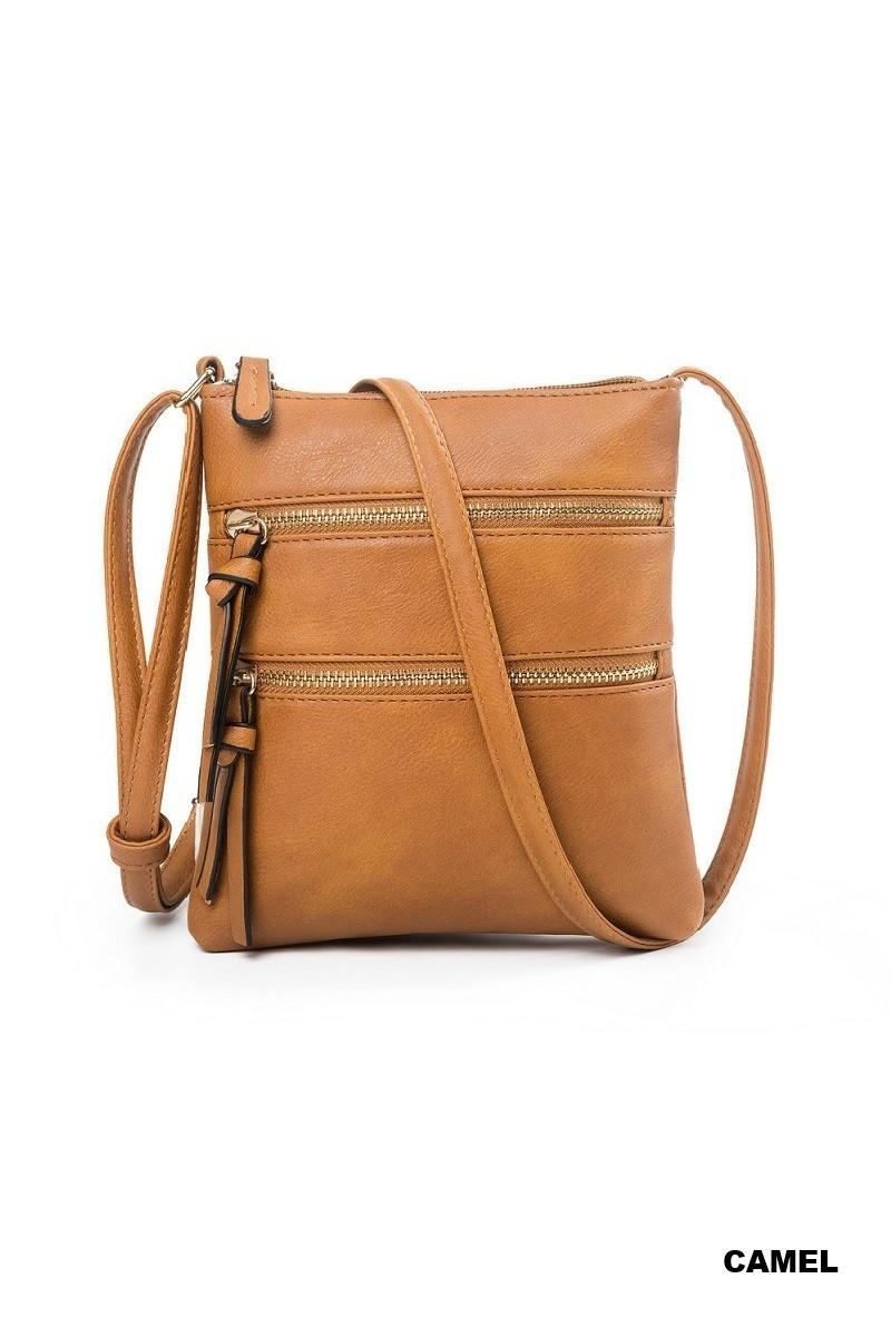 Vegan Leather Triple Zipper Crossbody Shoulder Bag