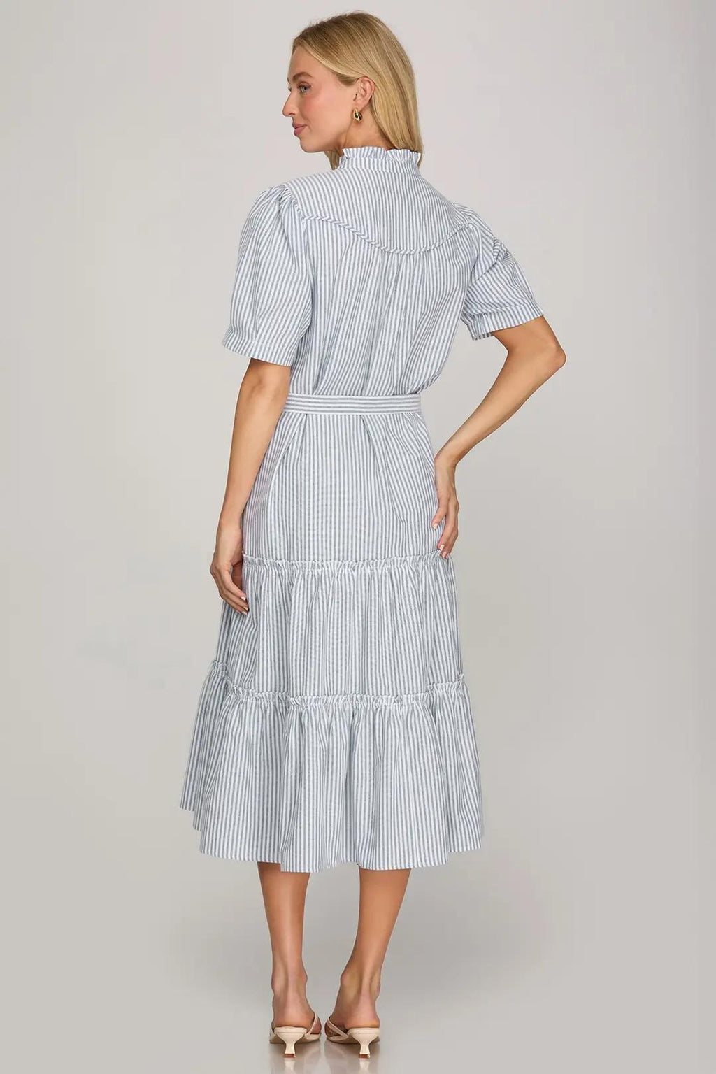 Short Sleeve Striped Midi Dress with Pockets