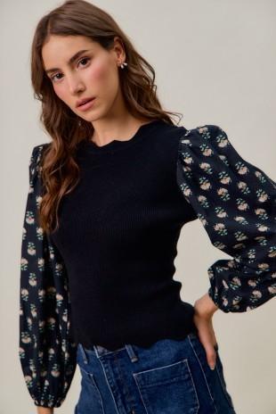Scalloped Sweater Knit Top with Floral Sleeves