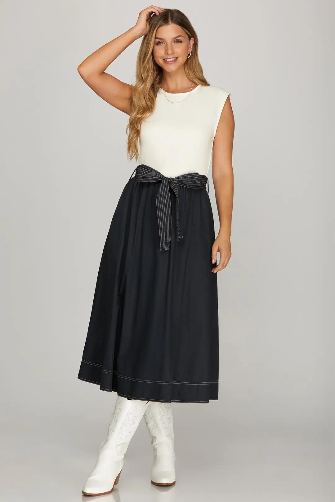 Drop Sleeve Knit & Woven Combo Midi Dress