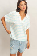Striped Dolman Sleeve V-neck Collared Top
