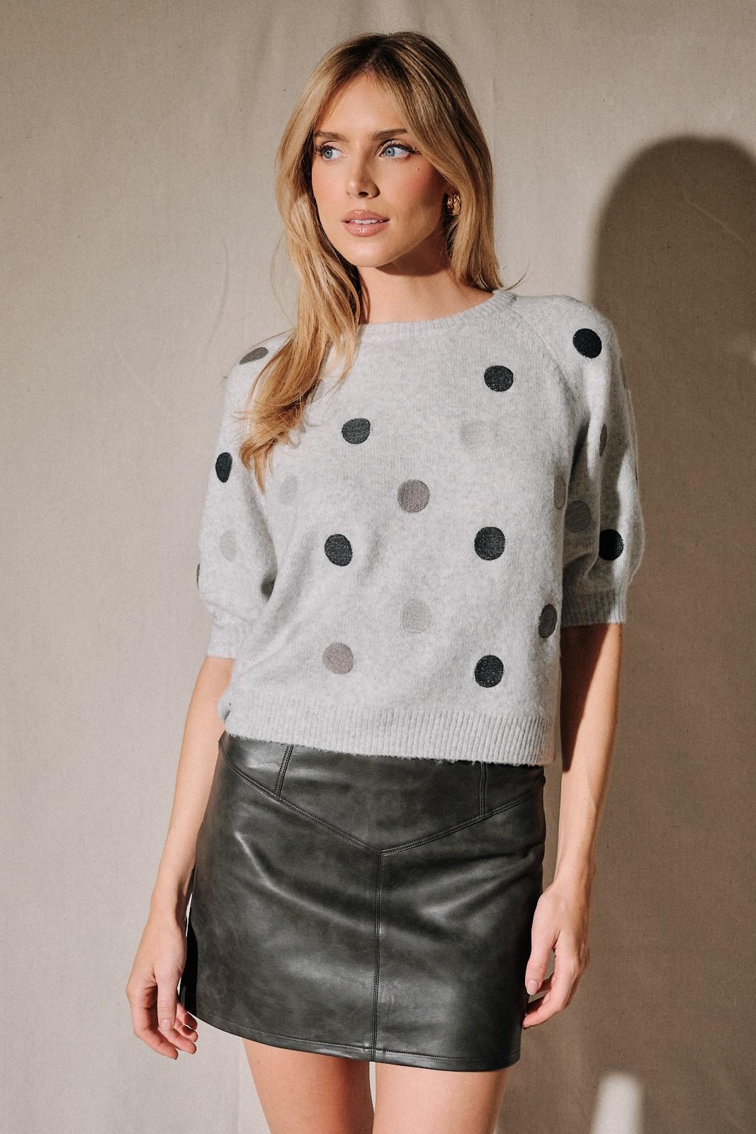Fuzzy Polka Dot Raglan Short Sleeve Knit Sweater