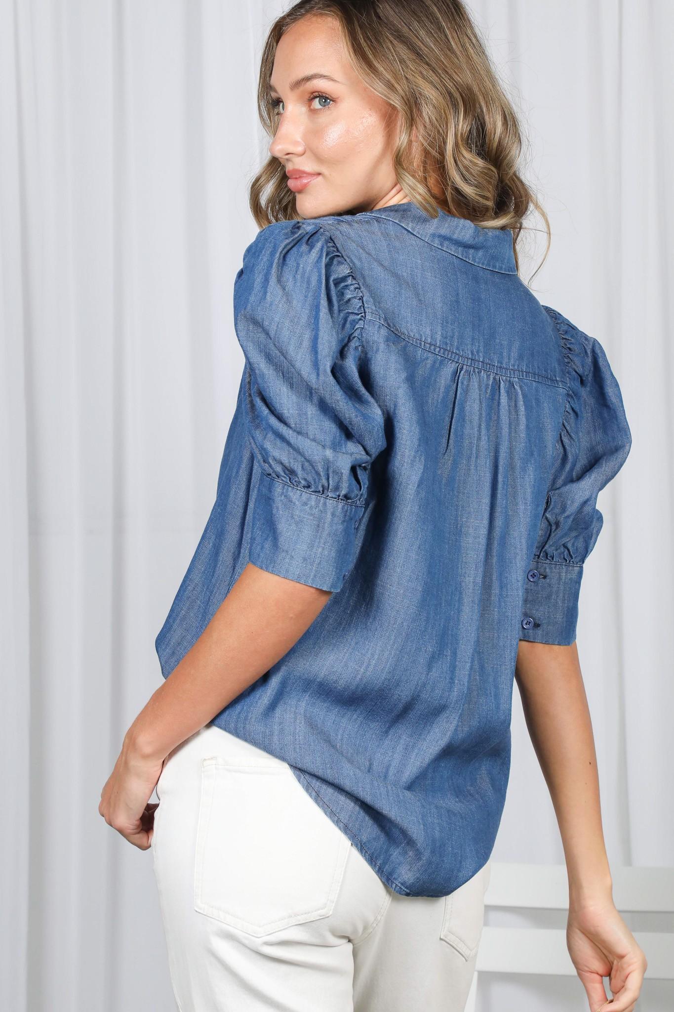 Short Puff Sleeve Chambray Shirt