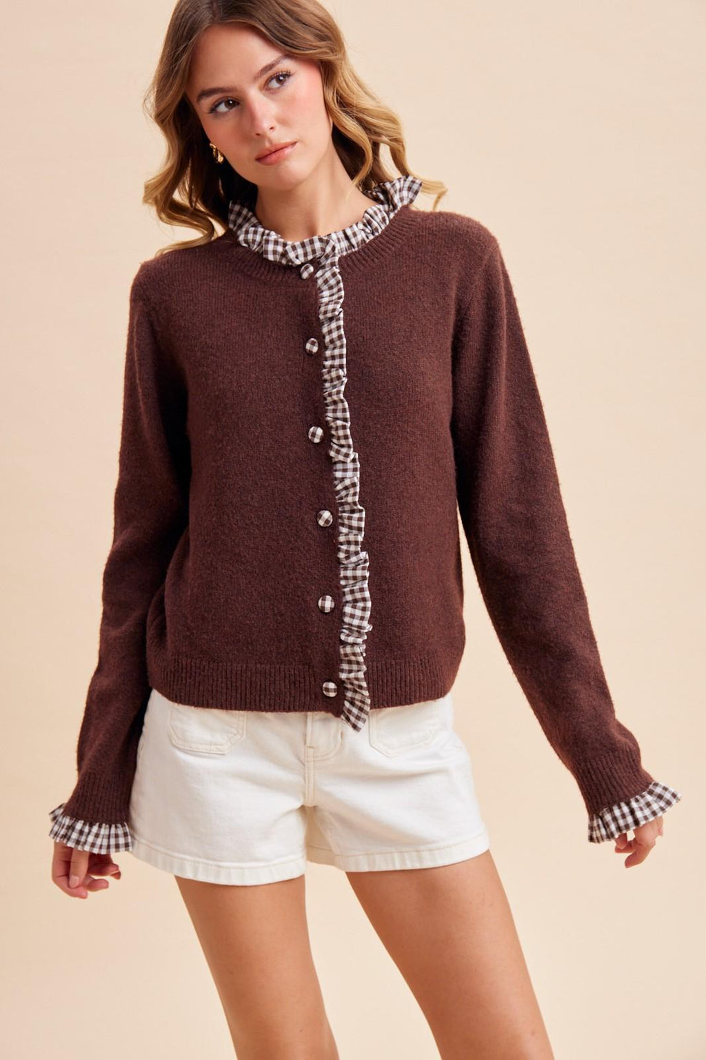 Melange Wool Gingham Ruffle Cardigan