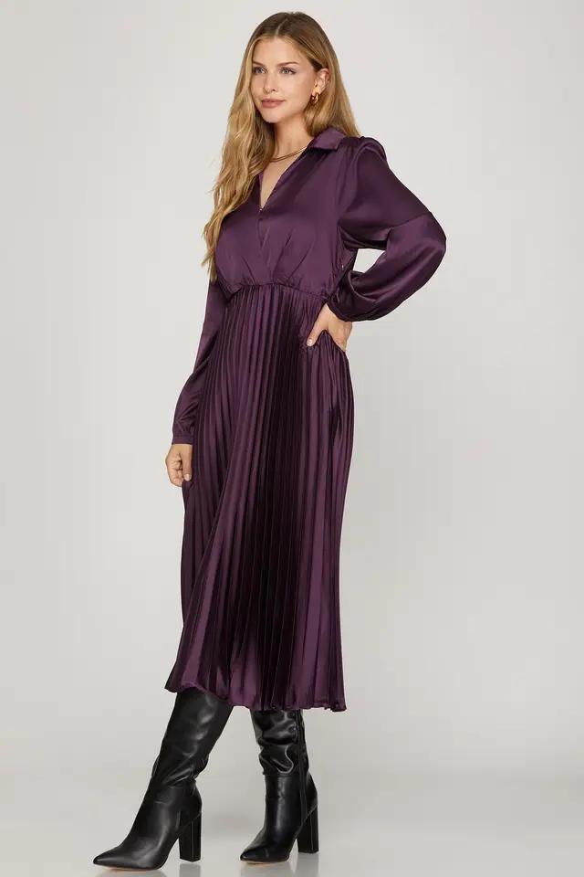 Surplice Long Sleeve Woven Satin Pleated Midi Dress