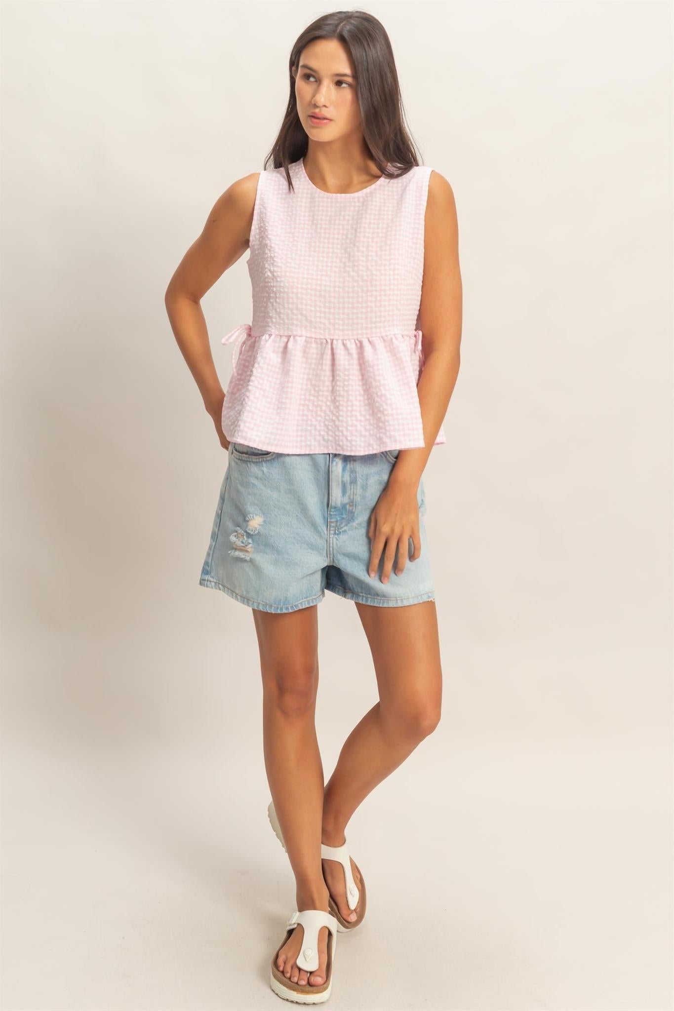 Gingham Sleeveless Peplum Top With Side Ties