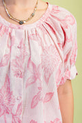 Striped Floral Round Neck Blouse with Covered Buttons and Scalloped Arms