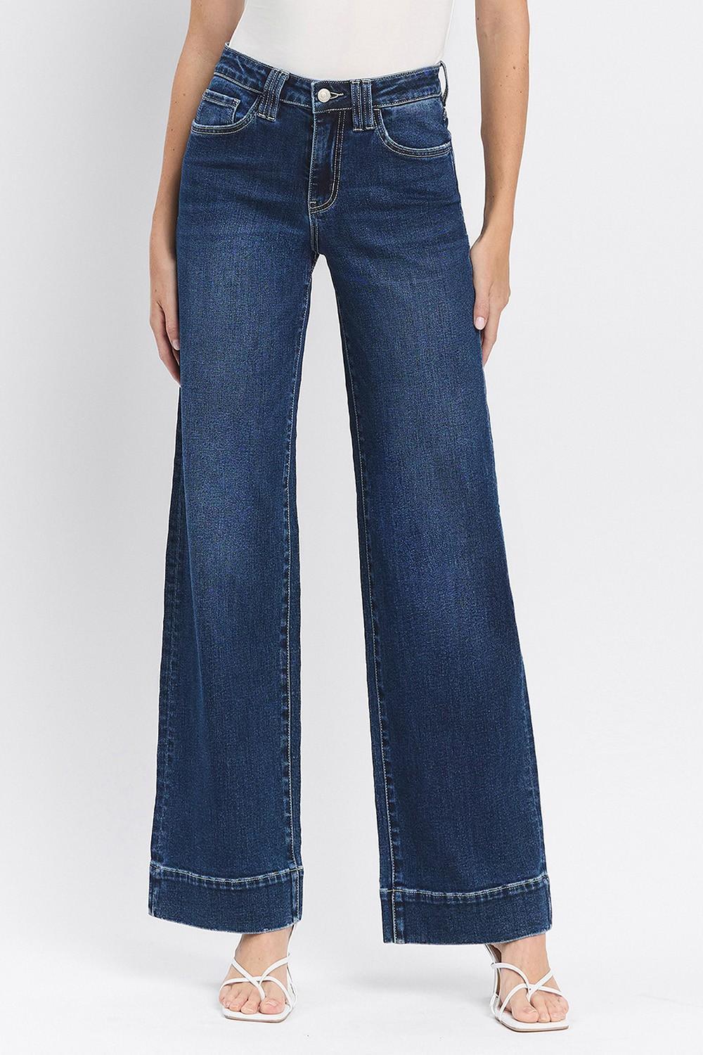 High Rise Dark Wash Trouser Hem Wide Jeans