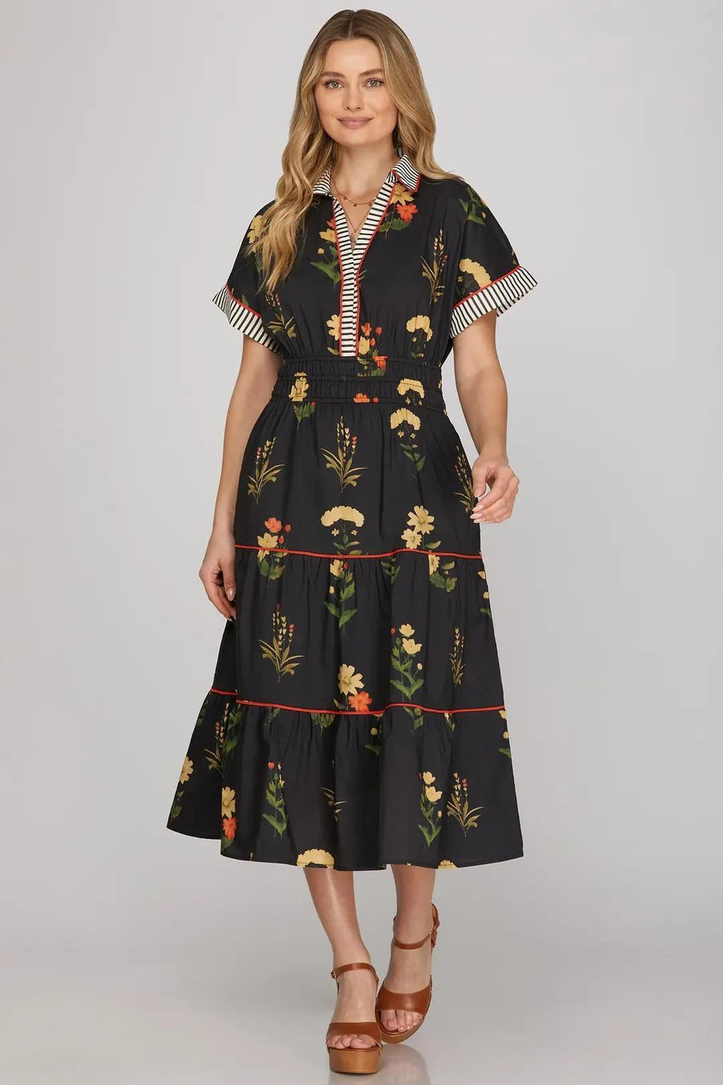 Drop Shoulder Contrast Cuff Sleeve Collared Woven Print Tiered Midi Dress With Pockets