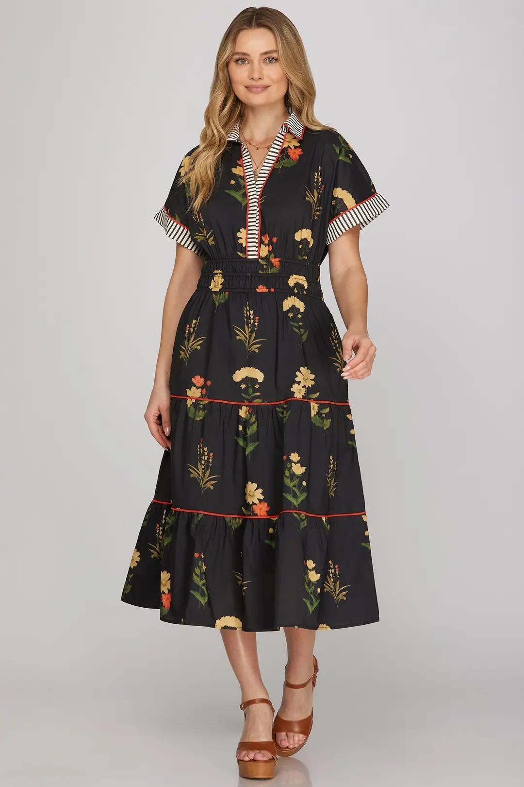 Drop Shoulder Contrast Cuff Sleeve Collared Woven Print Tiered Midi Dress With Pockets