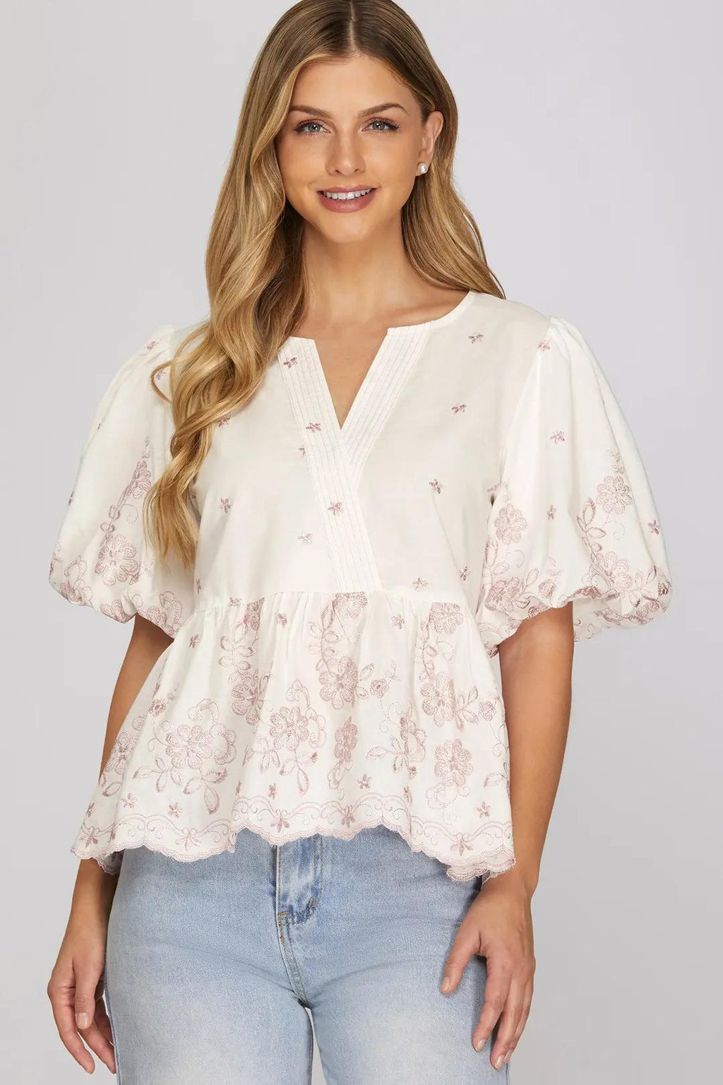 Puff Sleeve Woven Embroidery Scallop Hem Top