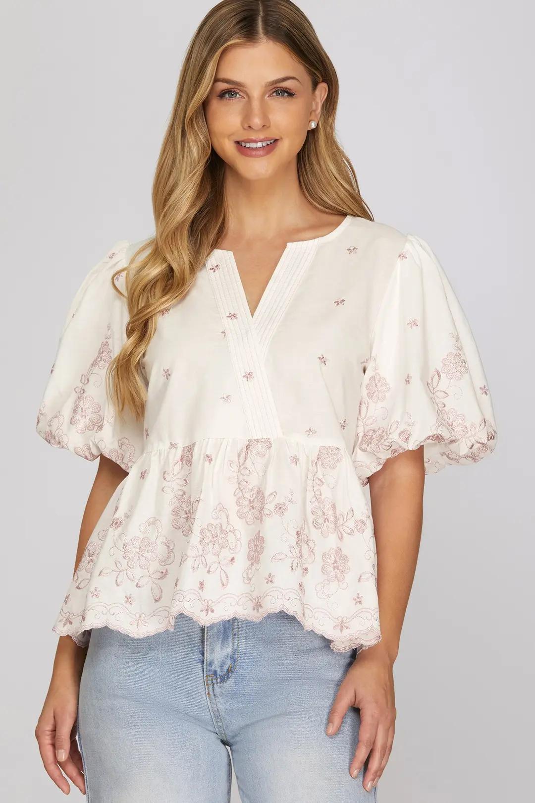 Puff Sleeve Woven Embroidery Scallop Hem Top