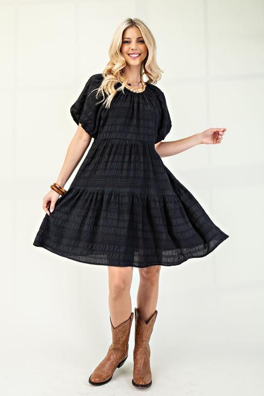 Textured Loose Fit Dress with Bow Tie Back