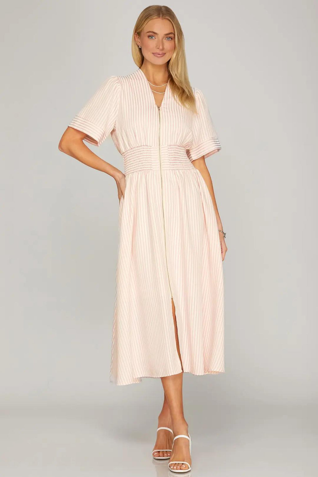 Short Sleeve Smocked Waist Front Zip Striped Midi Dress With Pockets