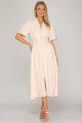 Short Sleeve Smocked Waist Front Zip Striped Midi Dress With Pockets