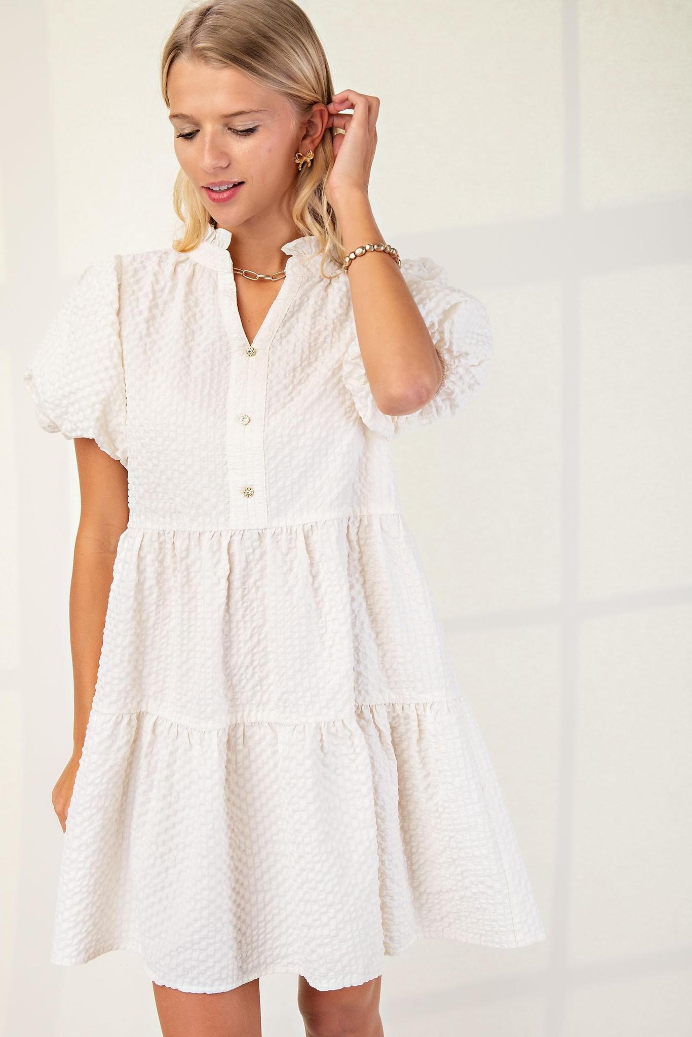 Seersucker Puff Sleeve Mini Dress