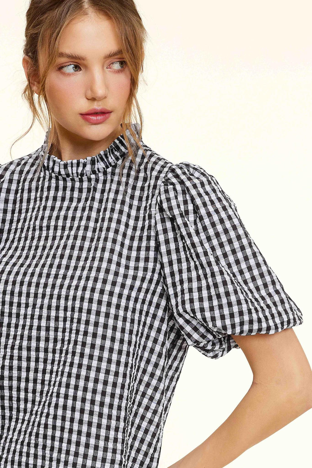 Gingham Check Print Puff Sleeve Top