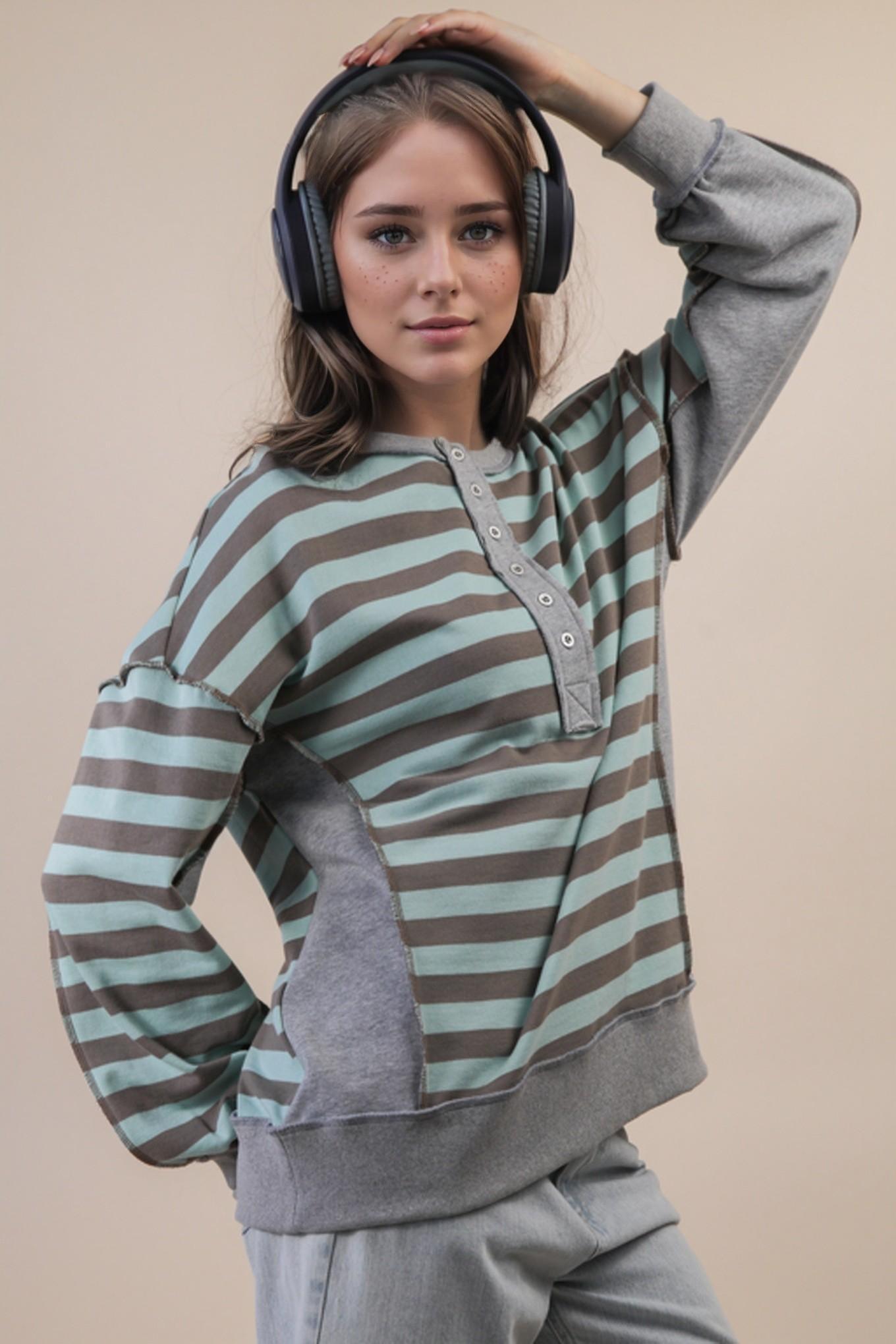 Oversized Striped Half Button Down Casual Knit Top