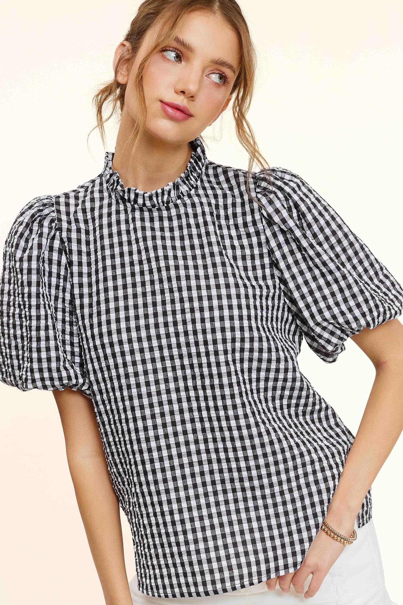 Gingham Check Print Puff Sleeve Top