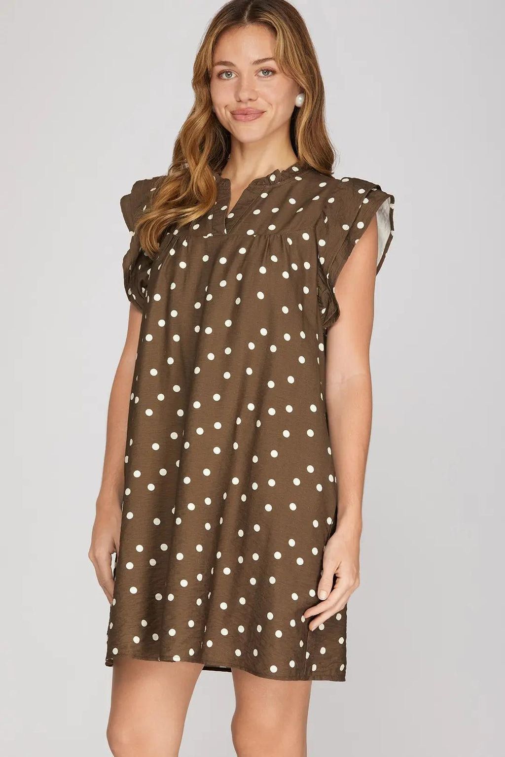 Ruffle Sleeve Woven Polka Dot Mini Dress With Pockets