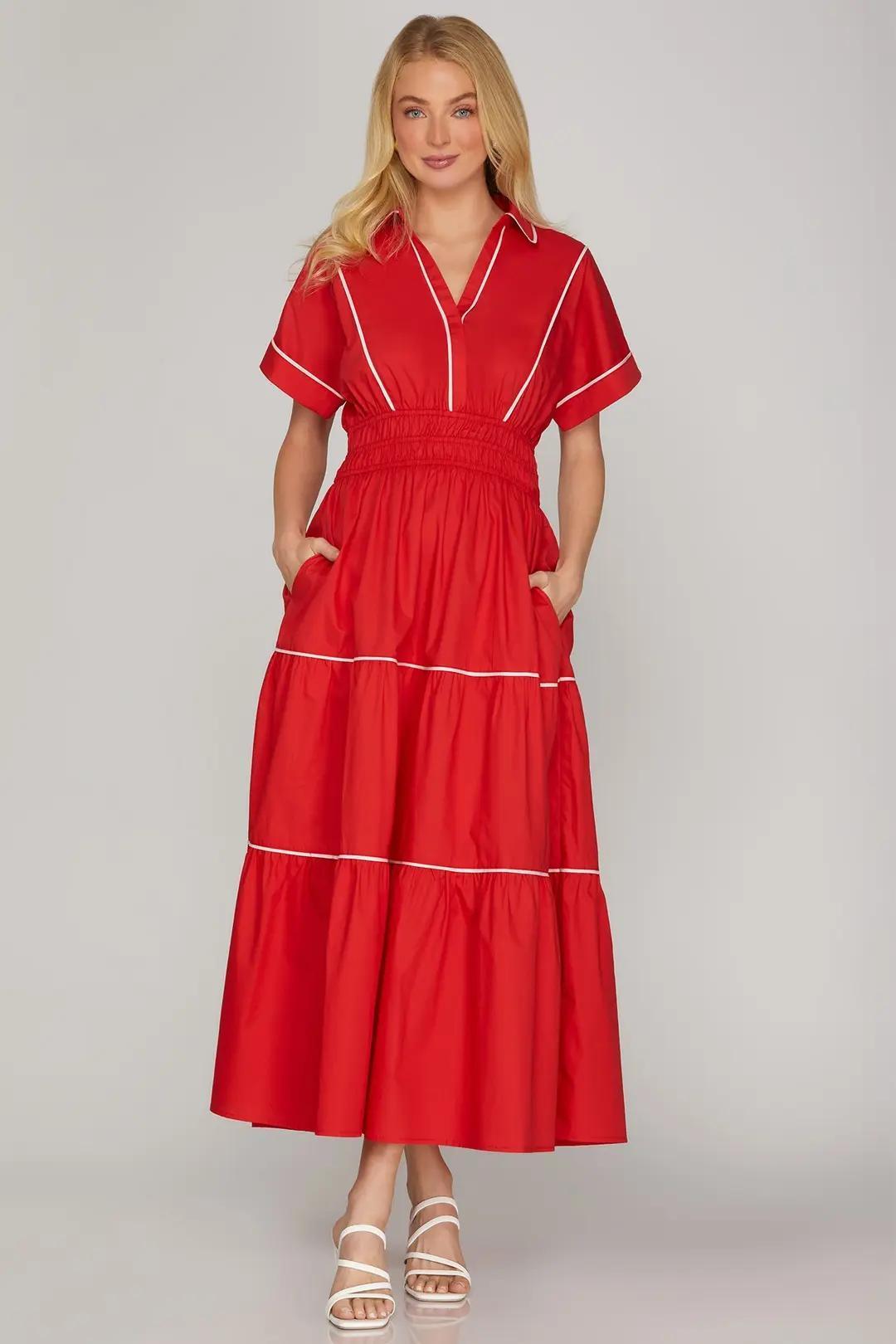 Drop Shoulder Half Sleeve Collared Top Woven Maxi Tiered Dress with Elastic Waistband, Contrast Piping, and Pockets