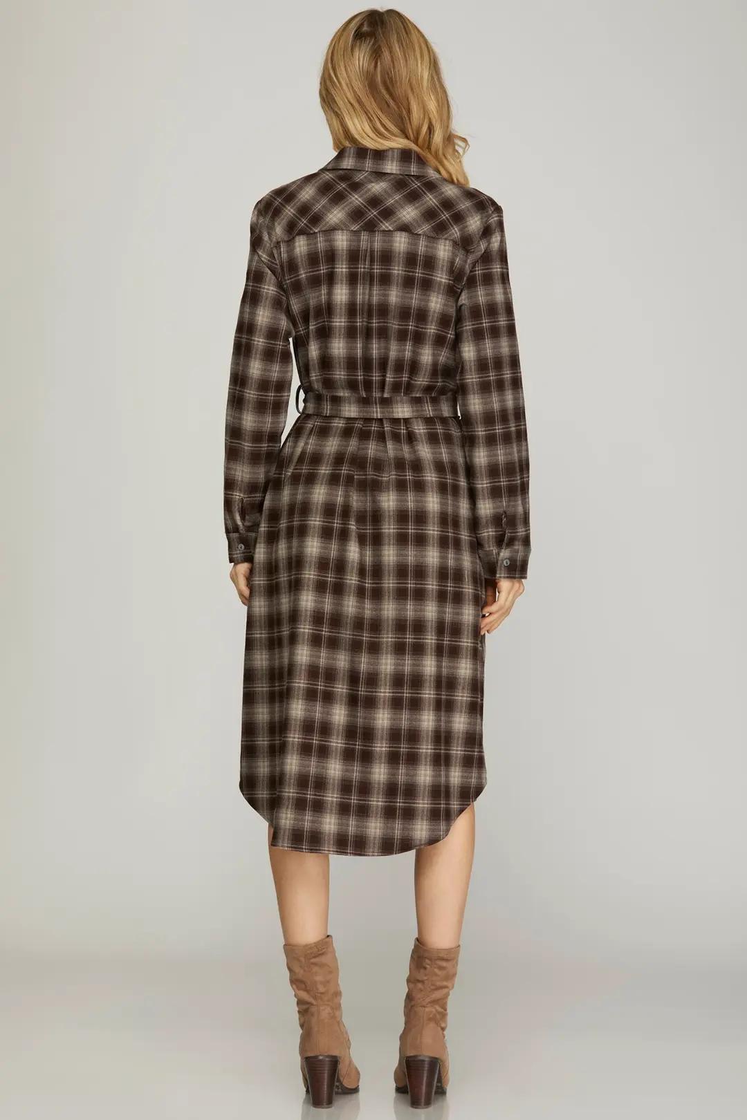 Long Sleeve Woven Plaid Midi Shirt Dress