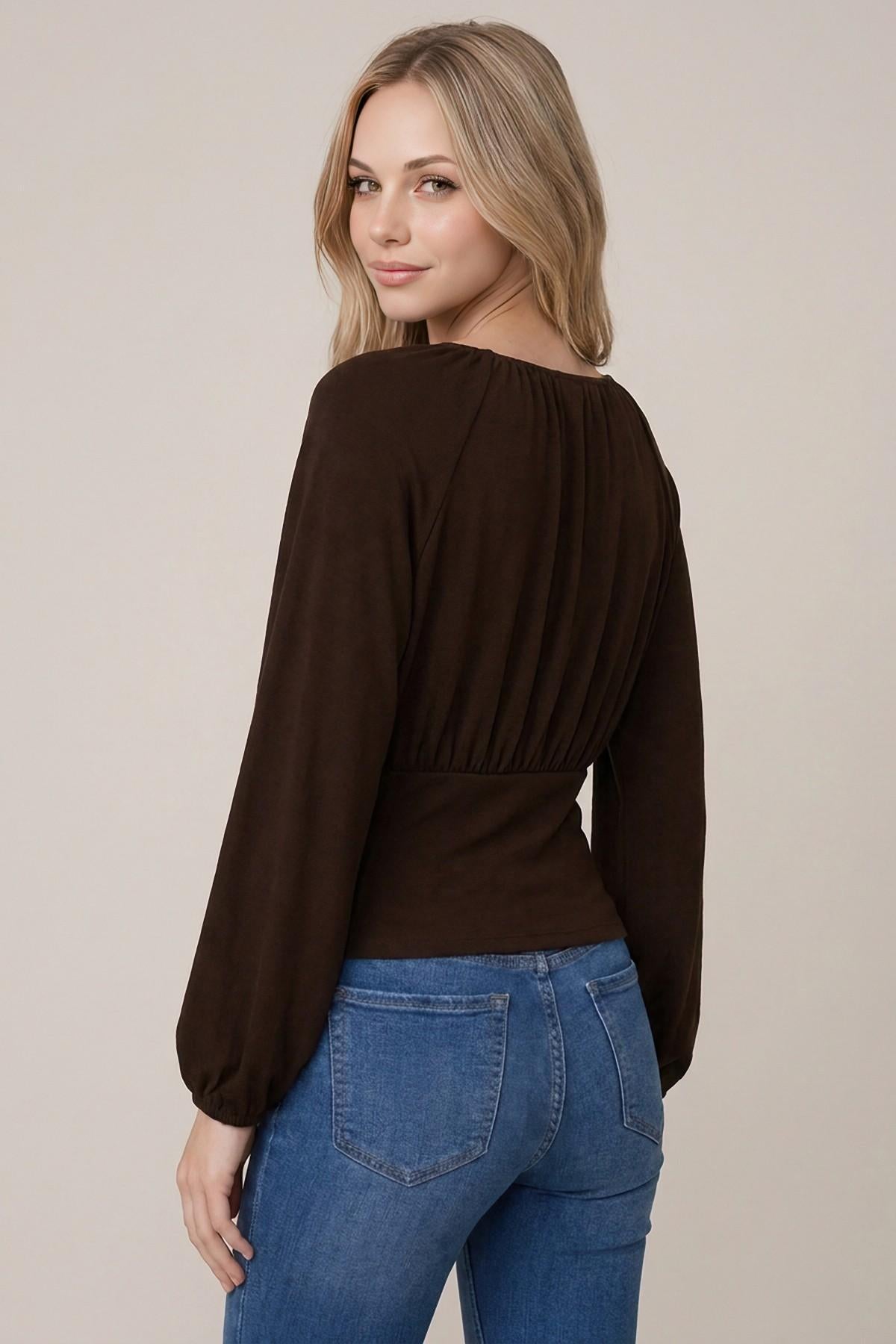 Soft Brushed Knit Flowy Ruched Bust Long Balloon Sleeve Top