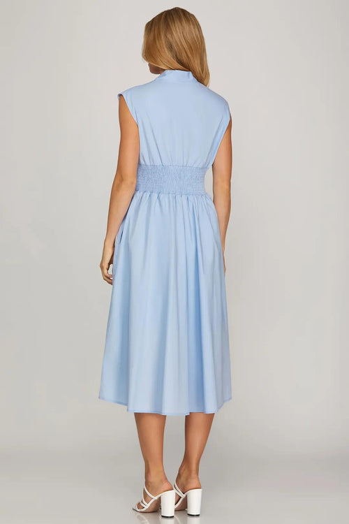 Drop Shoulder Smocked Waist Midi Dress with Front Zipper and Pockets