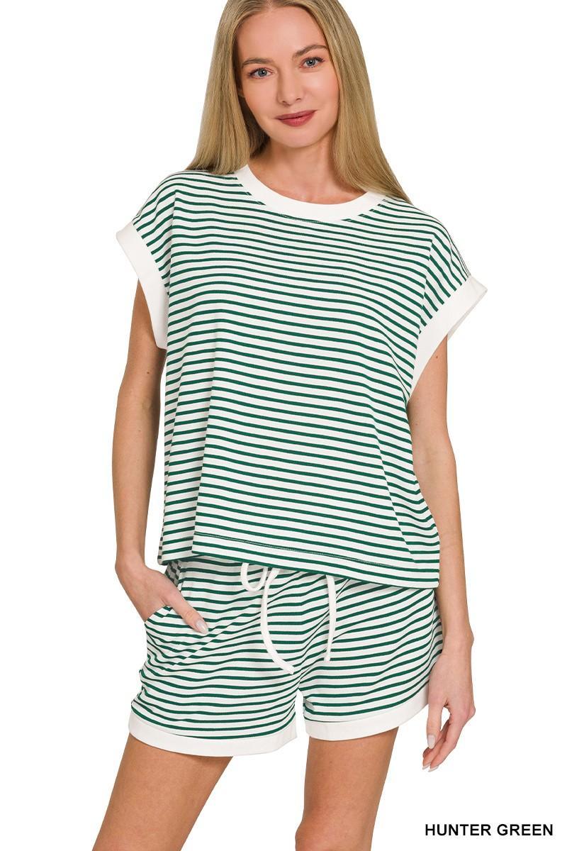 Stripe Contrast Trim Top & Shorts Set
