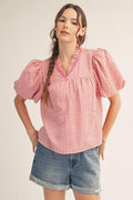 Pleated Ruffle Neckline Gingham Check Top