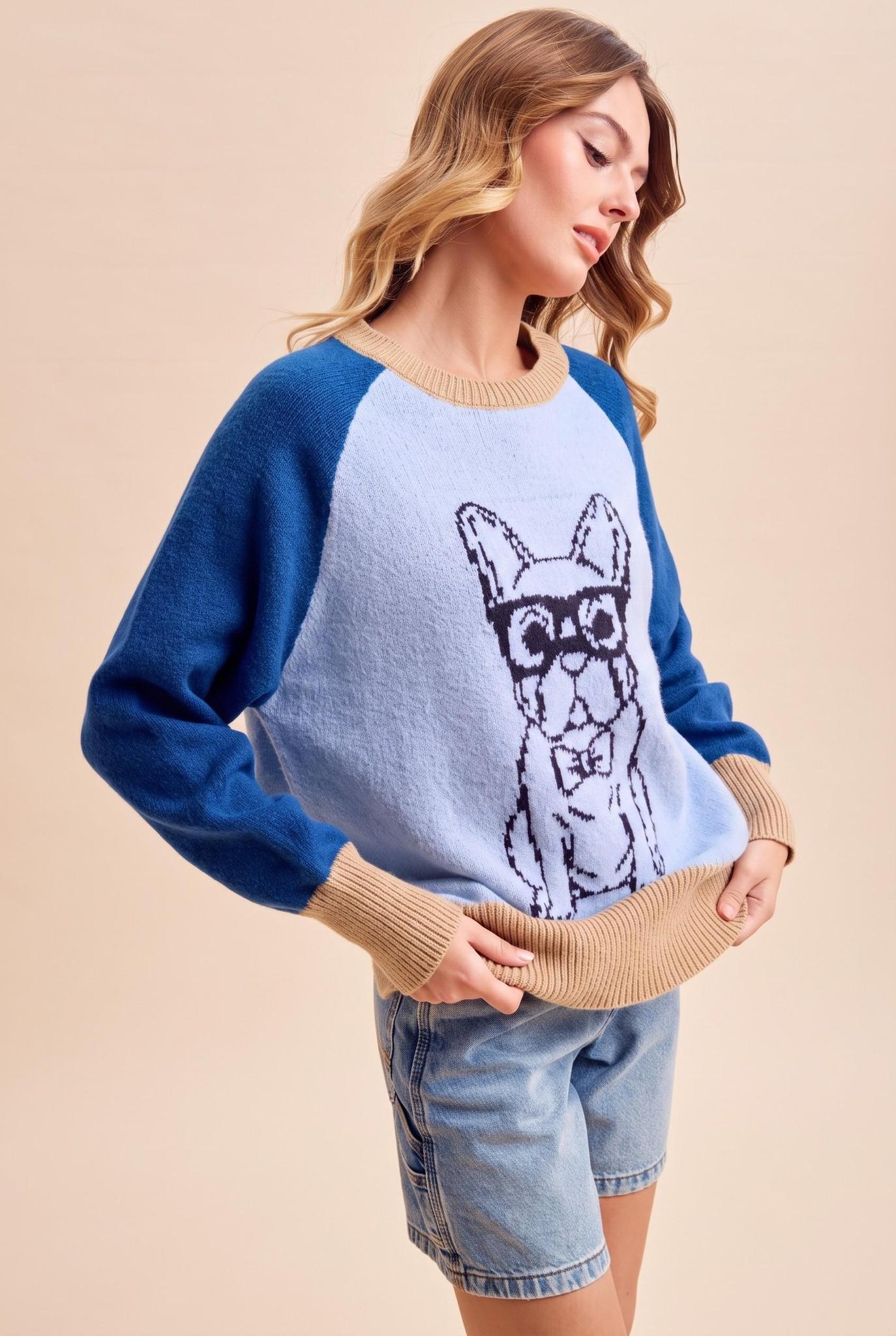 French Bulldog Intarsia Color Block Sweater
