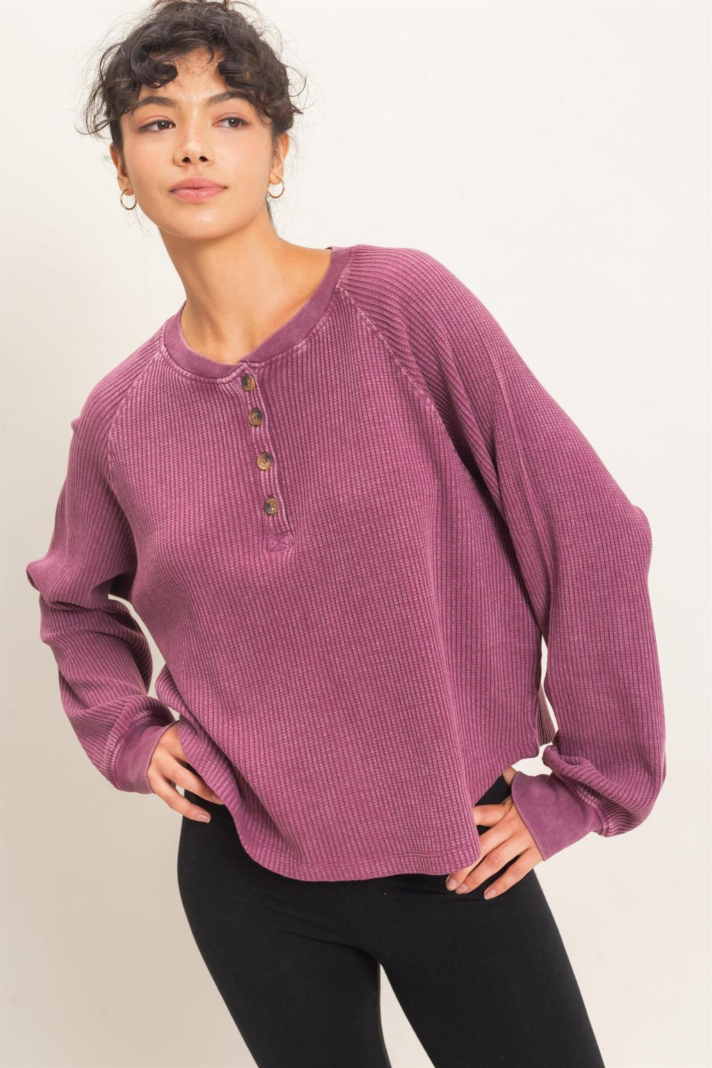 Mineral Wash Waffle Knit Henley Top