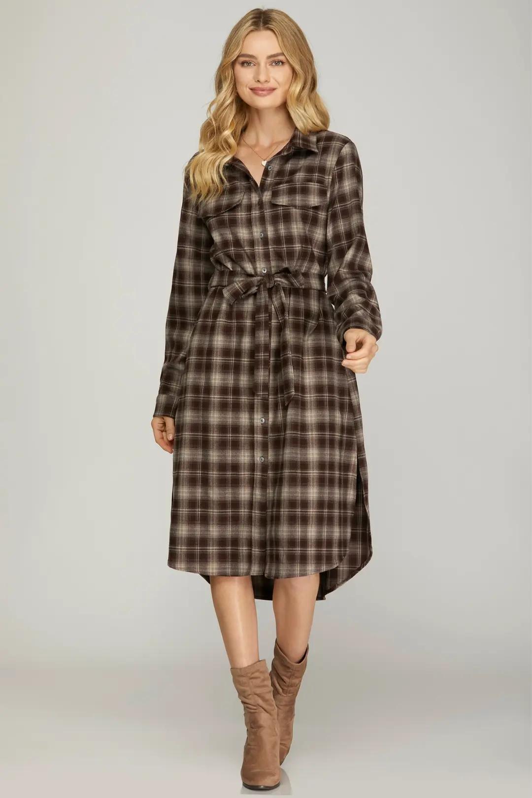 Long Sleeve Woven Plaid Midi Shirt Dress
