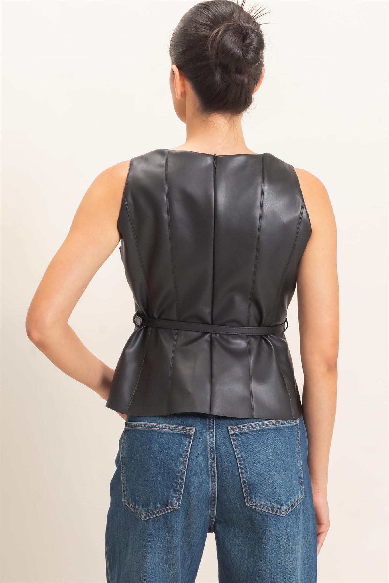 Sleek Faux Leather Belted Top