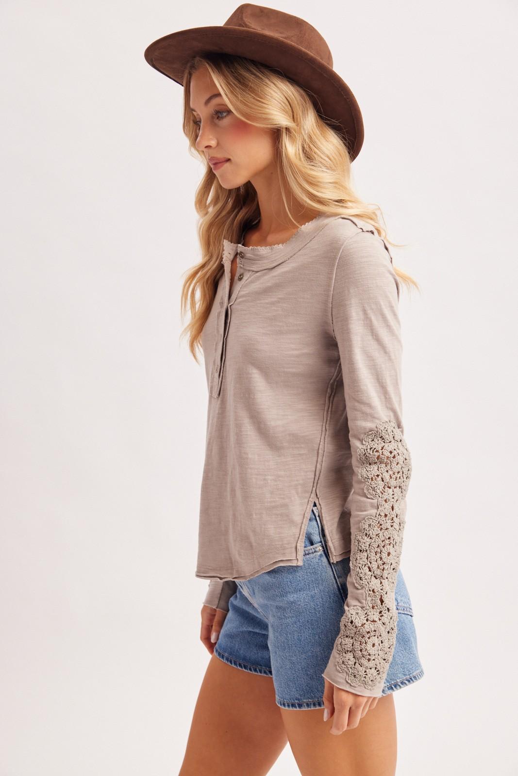 Crochet Patch Sleeved Half Button Round Neck Top