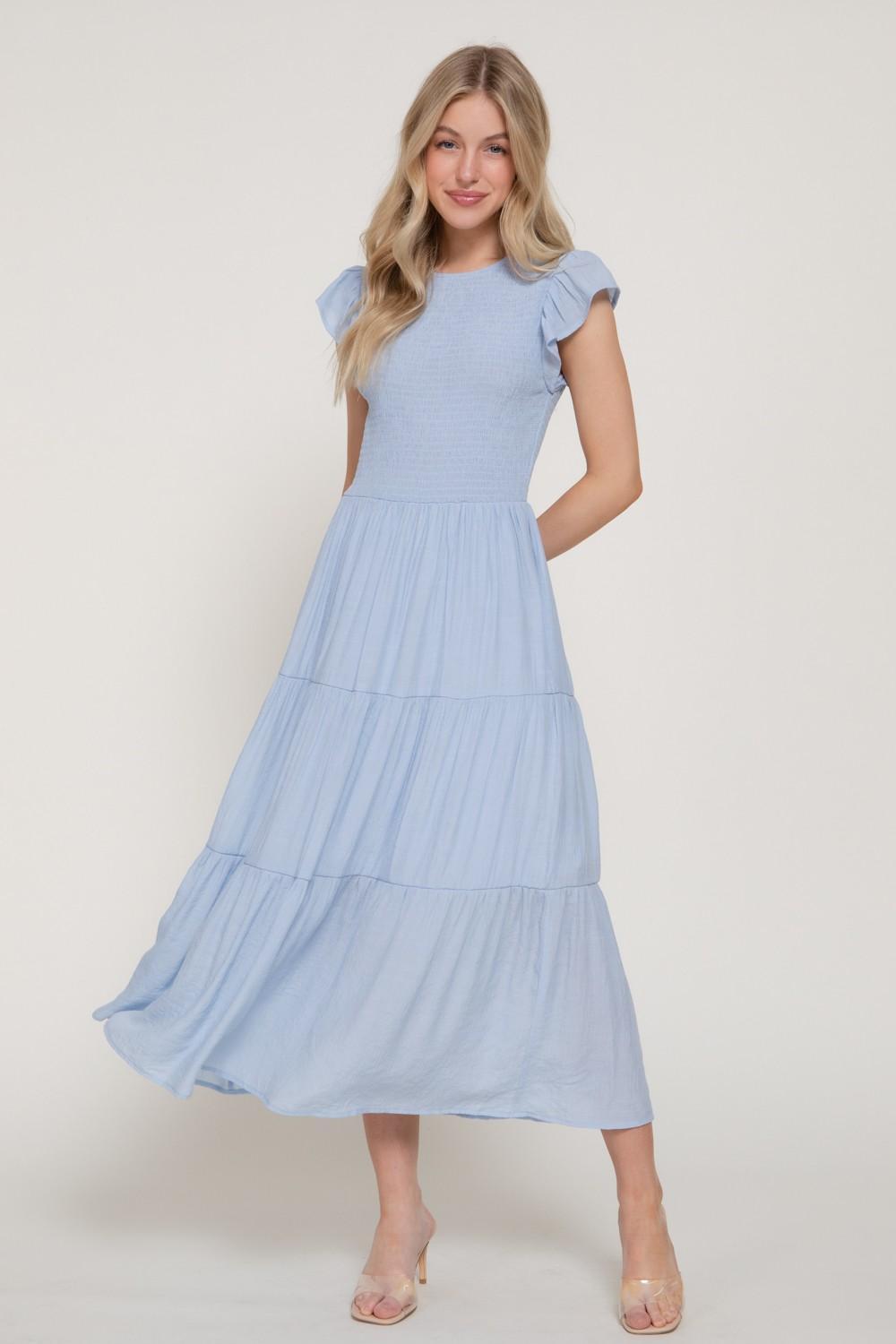 Ruffle Slv Smocked Solid Tired Dress