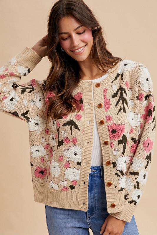 Boucle Flower Pattern Sweater Cardigan