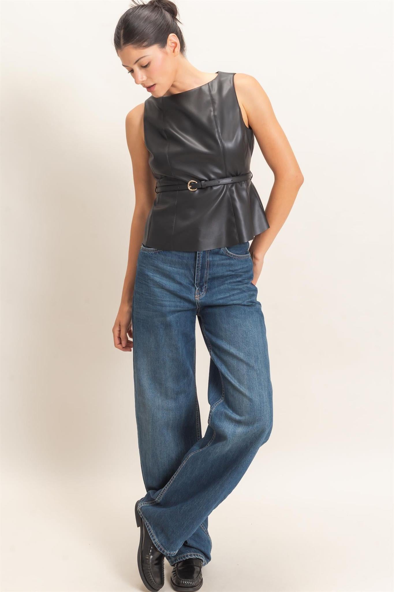 Sleek Faux Leather Belted Top