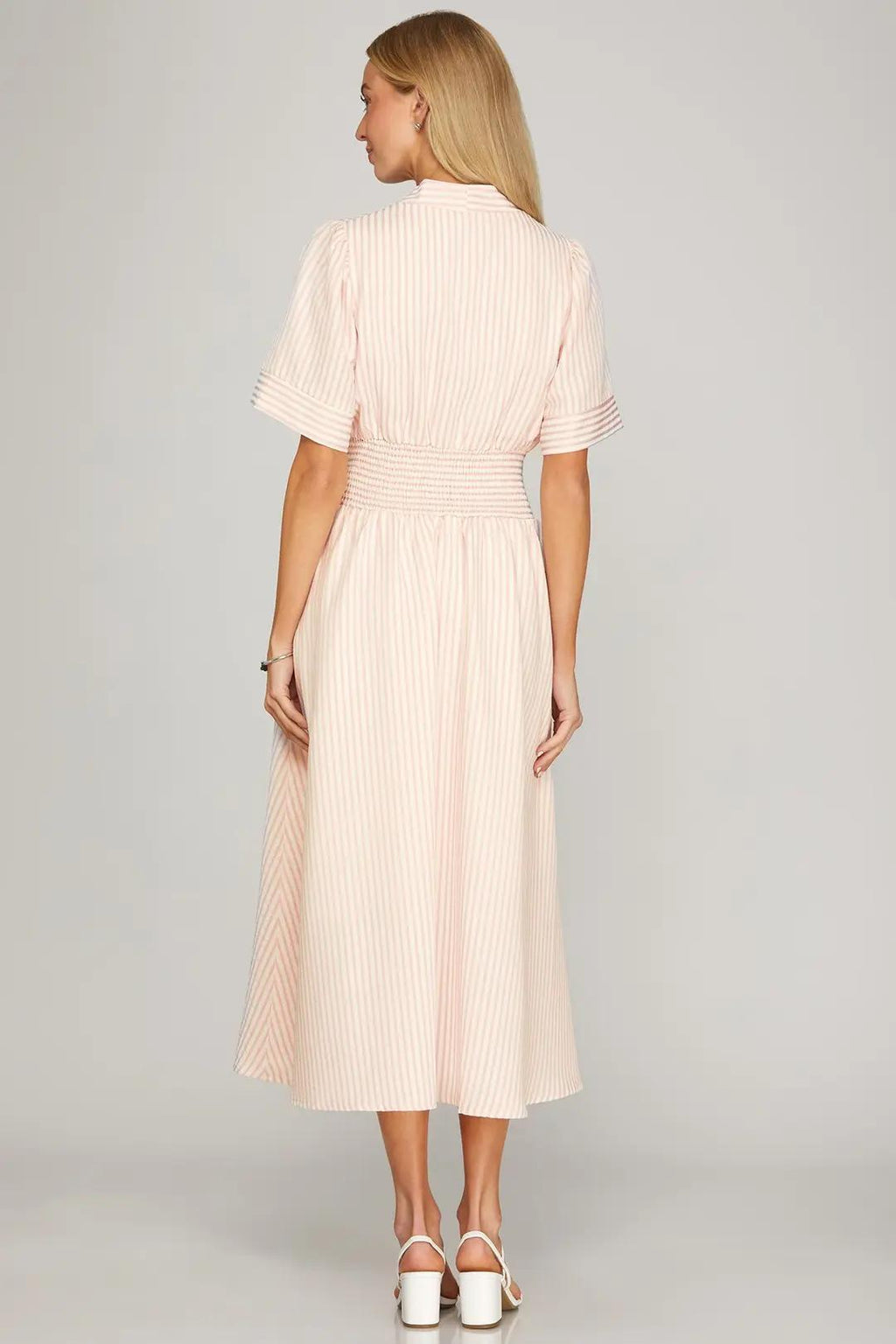 Short Sleeve Smocked Waist Front Zip Striped Midi Dress With Pockets