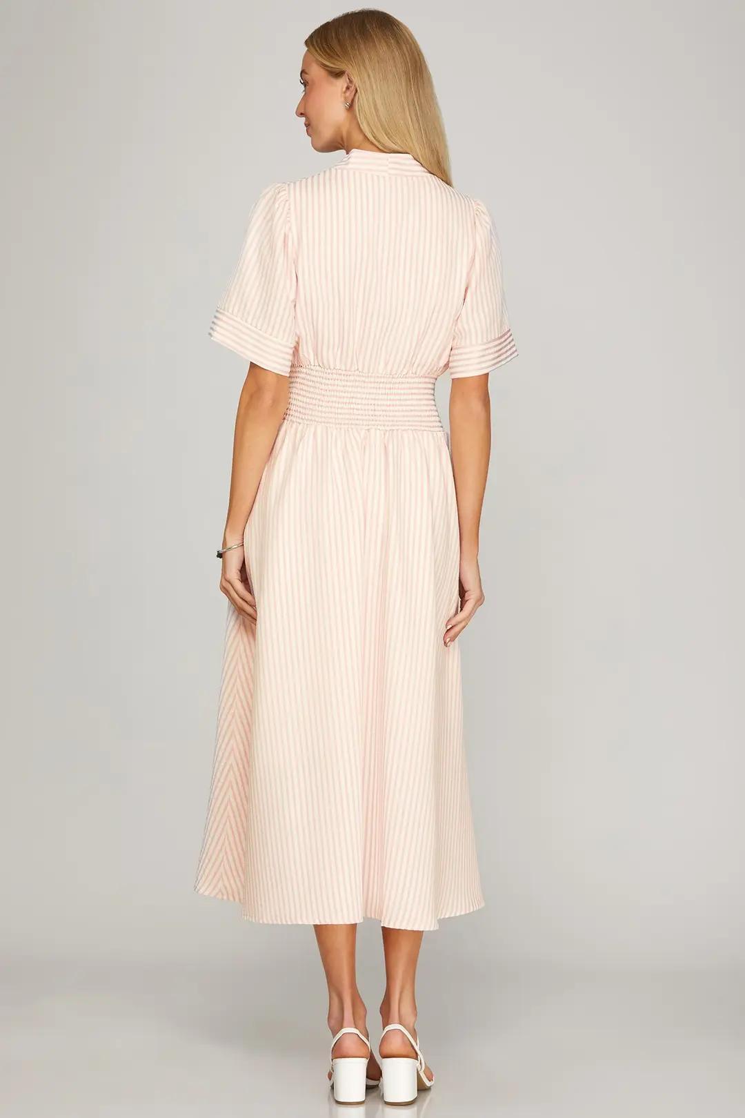 Short Sleeve Smocked Waist Front Zip Striped Midi Dress With Pockets