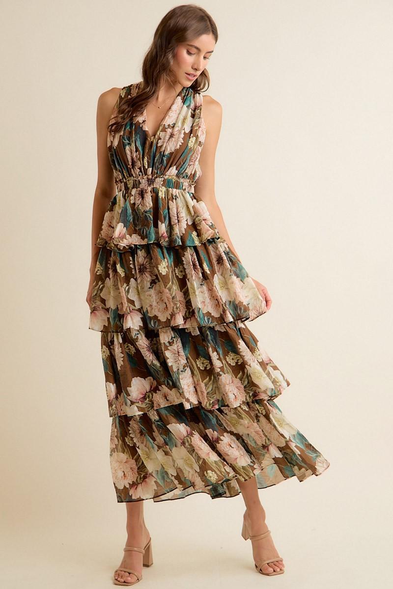 Floral Textured Tiered Maxi Lined Sleeveless Dress Brown