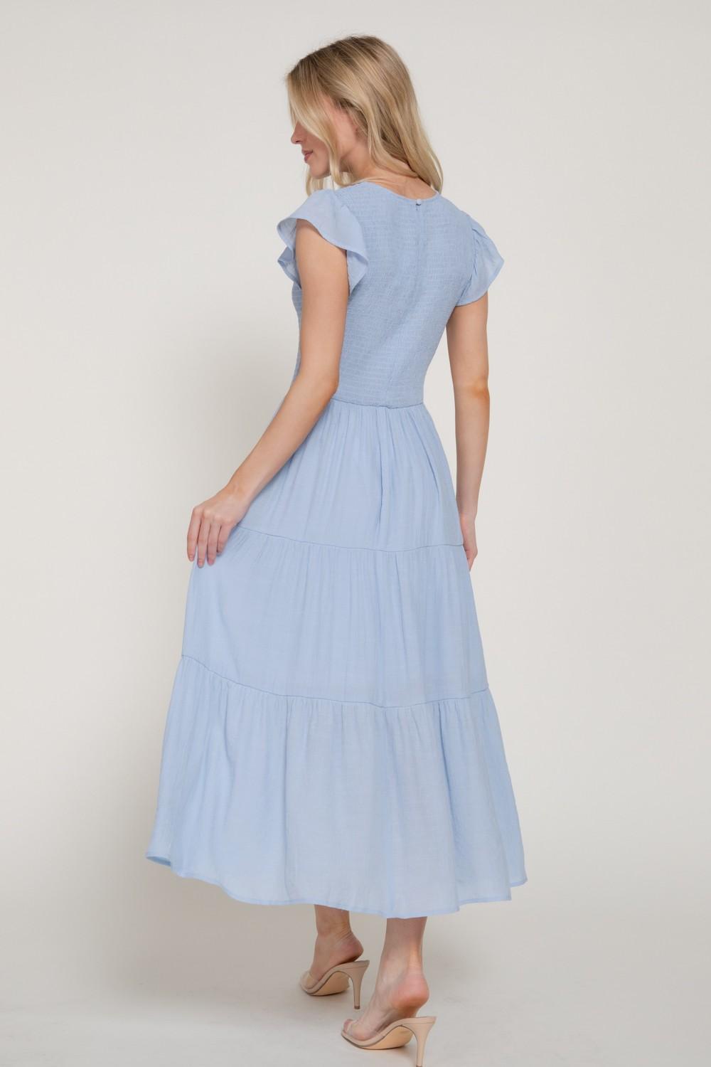 Ruffle Slv Smocked Solid Tired Dress