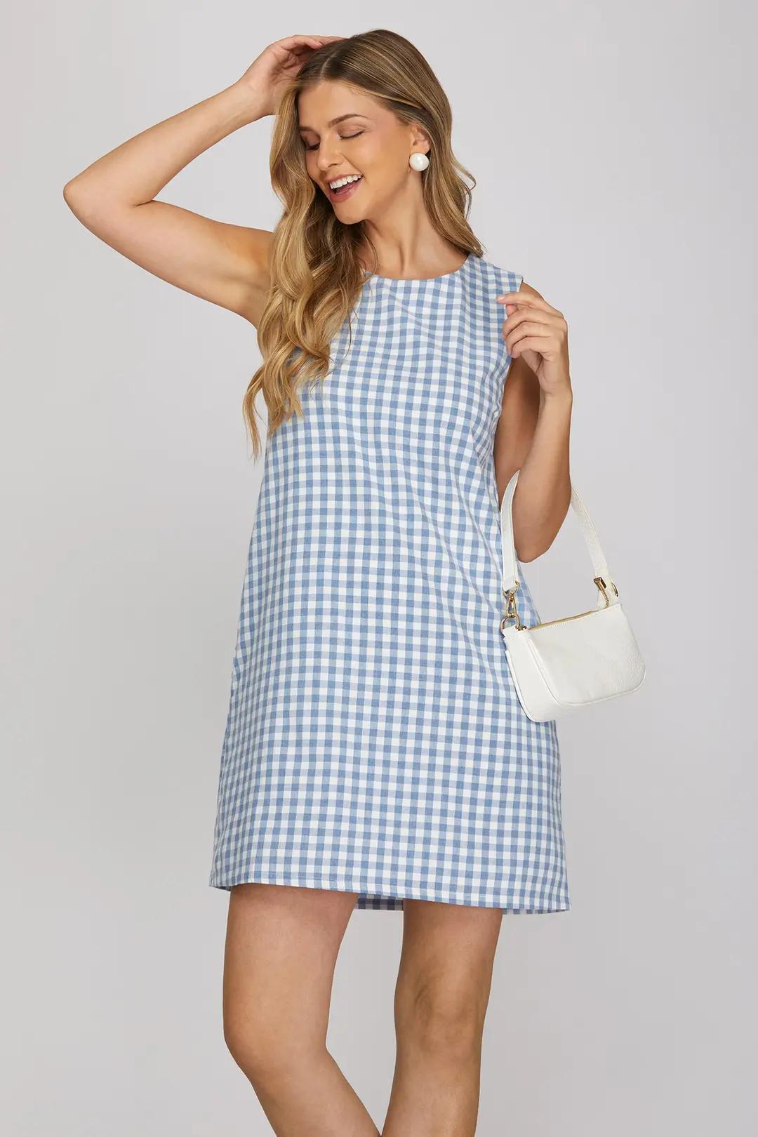 Sleeveless Round Neck Woven Gingham Checked Mini Dress with Pockets