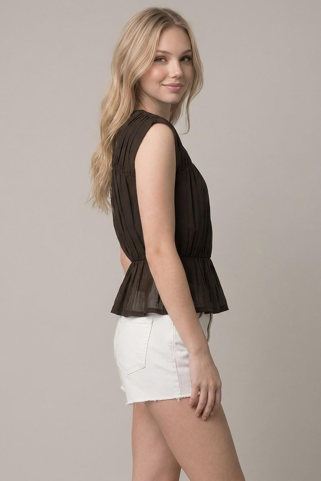 Semi Sheer Shirred Peplum Knit Top