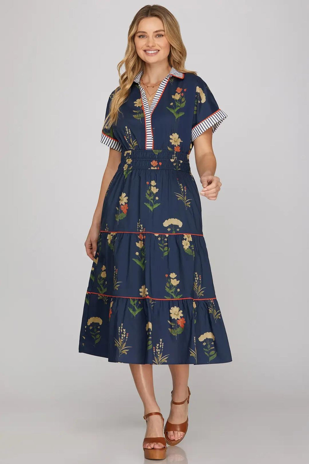 Drop Shoulder Contrast Cuff Sleeve Collared Woven Print Tiered Midi Dress With Pockets