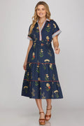Drop Shoulder Contrast Cuff Sleeve Collared Woven Print Tiered Midi Dress With Pockets
