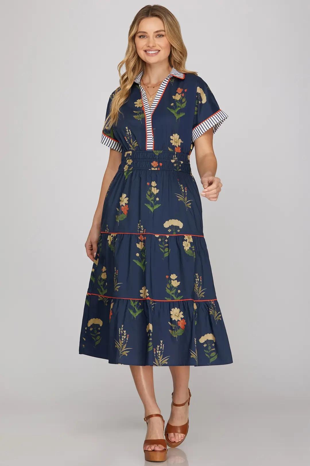 Drop Shoulder Contrast Cuff Sleeve Collared Woven Print Tiered Midi Dress With Pockets