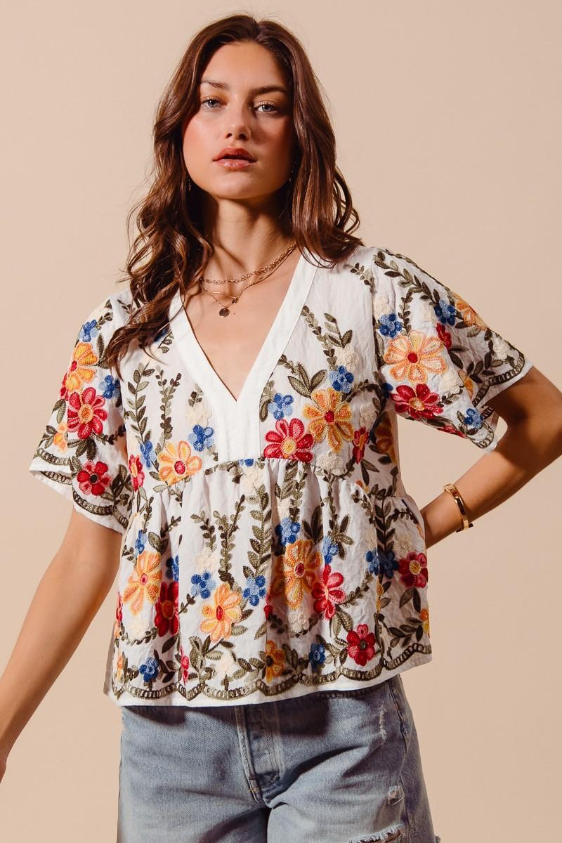 Floral Embroidered Baby Doll Blouse Top